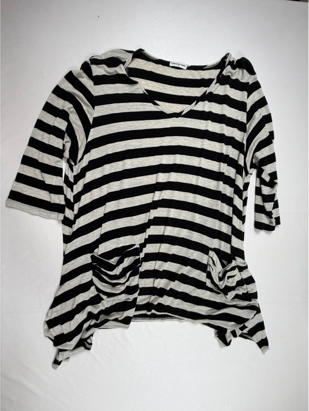 Cha Cha Vente Black and Cream Striped 3X Tunic Top with Pockets